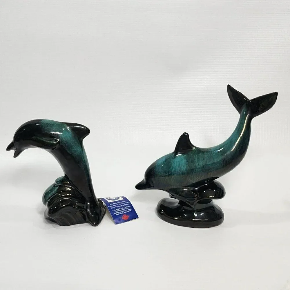2 Vintage Blue Mountain‎ Pottery Big Dolphin Figures Retro Home Decor - Picture 4 of 10